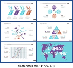 Project infographic design template set for stock and trade concept. Can be used for business project, annual report, web design. Option, process, line graphs, cycle chart, scatter plot, flowchart