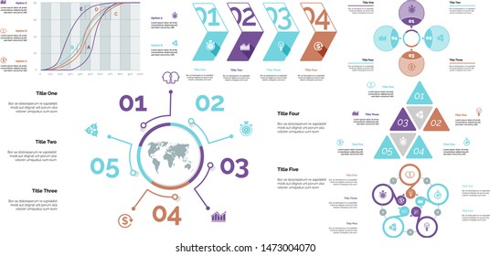 Project infographic design template set for stock and trade concept. Can be used for business project, annual report, web design. Option, process, line graphs, cycle chart, scatter plot, flowchart