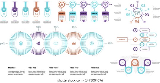 Project infographic design template set for stock and trade concept. Can be used for business project, annual report, web design. Option, process, line graphs, cycle chart, scatter plot, flowchart