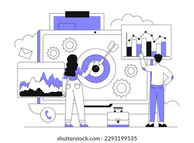 Project initation concept. Man and woman looking at graphs and charts. Man shows statistics. Data visualization and infographics. Analysts conduct marketing research. Cartoon flat vector illustration