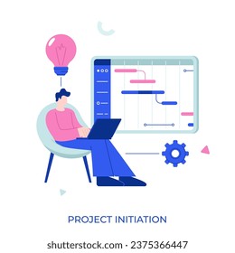 Ilustración vectorial de concepto abstracto de iniciación del proyecto. Documentación del proyecto, análisis de negocios, visión y alcance, determinación de objetivos, asignación de tareas, cronología y metáfora abstracta de la cronología.