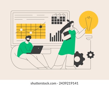 Ilustración abstracta del vector del concepto de la iniciación del proyecto. Documentación del proyecto, análisis de negocios, visión y alcance, determinar objetivos, asignación de tareas, cronograma y metáfora abstracta de la línea de tiempo.