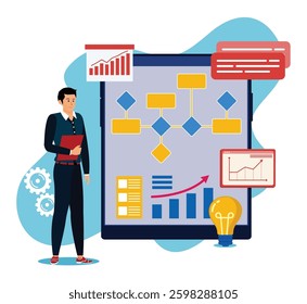 Project initiation concept. Man Preparing documentation. Business analysis Project implementation provisions. Flat vector modern illustration 