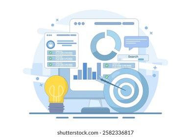 Project initiation concept. Project management, life cycle. Data analysis tasks. Business analysis. Project implementation provisions. Preparing documentation. Flat vector illustration on background.