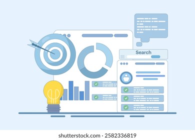 Project initiation concept. Project management, life cycle. Data analysis tasks. Business analysis. Project implementation provisions. Preparing documentation. Flat vector illustration on background.