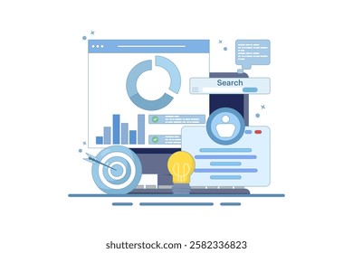 Project initiation concept. Project management, life cycle. Data analysis tasks. Business analysis. Project implementation provisions. Preparing documentation. Flat vector illustration on background.
