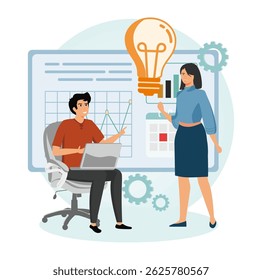 Project initiation concept. A team brainstorms creative ideas while utilizing technology, diagrams, and tools.