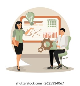 Project initiation concept. Team of professionals collaborating on ideas and strategies for project initiation using modern data presentation tools.