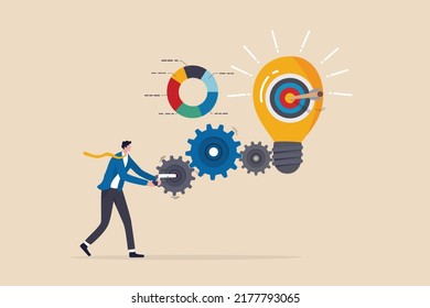 Project initiation or project execution, research or implement business idea to see result, effort to develop idea and business goal concept, businessman turn cog wheels to light up lightbulb idea.
