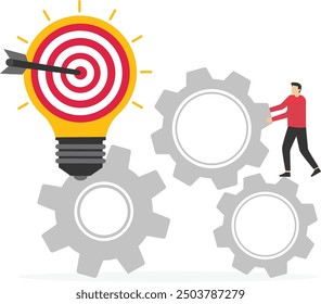 Project initiation or project execution, research or implement business idea to see result, effort to develop idea and business goal concept, businessman turn cog wheels to light up lightbulb idea.

