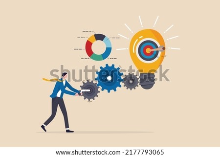 Project initiation or project execution, research or implement business idea to see result, effort to develop idea and business goal concept, businessman turn cog wheels to light up lightbulb idea.