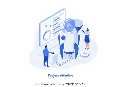 Project initiation isometric concept vector illustration. Project documentation, business analysis, vision and scope, determine goals, task assignment, timeframe and timeline abstract metaphor.