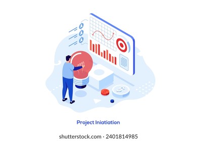 Project initiation isometric concept vector illustration. Project documentation, business analysis, vision and scope, determine goals, task assignment, timeframe and timeline abstract metaphor.