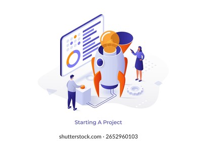 Conceito de vetor isométrico de iniciação do projeto. Documentação do projeto, análise de negócios, visão e escopo, determinar metas, atribuição de tarefas, cronograma e ilustração conceitual de cronograma.