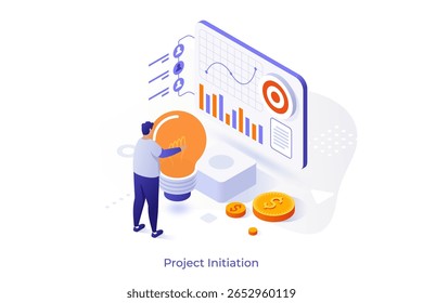 Project initiation isometric vector conceptual page. Project documentation, business analysis, vision and scope, determine goals, task assignment, timeframe and timeline concept illustration