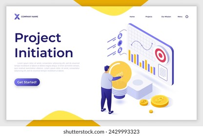 Project initiation isometric vector landing page. Project documentation, business analysis, vision and scope, determine goals, task assignment, timeframe and timeline concept illustration