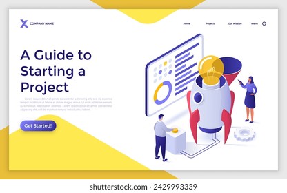 Project initiation isometric vector landing page. Project documentation, business analysis, vision and scope, determine goals, task assignment, timeframe and timeline conceptual illustration.