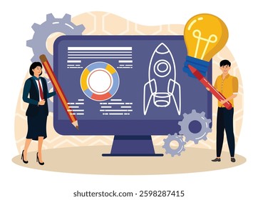 Project Initiation. A team collaborating on new ventures utilizing technology, creativity, and planning tools. Flat vector modern illustration 