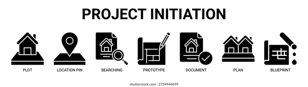 Concepto de Ilustración vectorial de íconos de Anuncios de Web de inicio de proyecto para negocios con ícono de trama, pin de ubicación, búsqueda, prototipo, documento, Plan, plano.