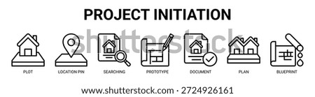 Project Initiation web banner icon vector illustration concept for business with icon of plot, location pin, searching, prototype, document, plan, blueprint.