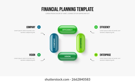 Diseño de presentación de diagrama de cuatro pasos de innovación de proyectos. Diseño de presentación de diapositivas de infografía de 4 elementos de informe comercial. Ilustración vectorial de Plantilla de marco de visualización moderna.