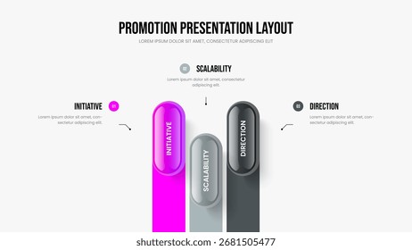 Projeto Inovação Três Opções Diagrama Slideshow Design. Ilustração de vetor de layout de apresentação de portfólio de consultoria. Modelo de Quadro de Infográfico de Elemento do Lançamento 3 da Empresa.