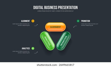 Project Insight 3 Element Diagram Slide Template. Investor Campaign Three Step Infographic Slideshow Design. Modern Solution Presentation Layout Vector Illustration.