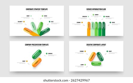 Project Insight 4 5 2 3 Option Diagram Slide Design Collection. Sales Showcase Four Five Two Three Element Infographic Presentation Layout Vector Illustration Set.