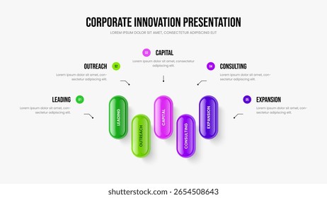 Project Insight Five Element Diagram Slide Layout. Visual Plan Presentation Design Vector Illustration. Service Overview 5 Step Infographic Frame Template.