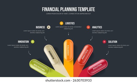 Project Insight Frame Layout Vector Illustration. Professional Visualization Five Element Infographic Presentation Design. Company Report 5 Option Diagram Slide Template.