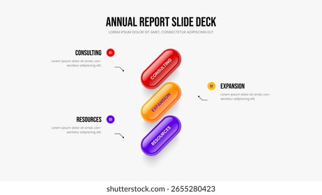 Ilustración vectorial de diseño de diapositivas de Project Insight. Consultoría Plan de presentación de diapositivas de infografía de 3 pasos. Plantilla de presentación de diagrama de tres elementos de rendimiento de Profesional.