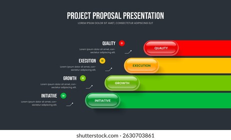 Project Introduction 4 Element Diagram Slide Layout. Business Report Four Step Infographic Slideshow Design. Digital Planning Frame Template Vector Illustration.