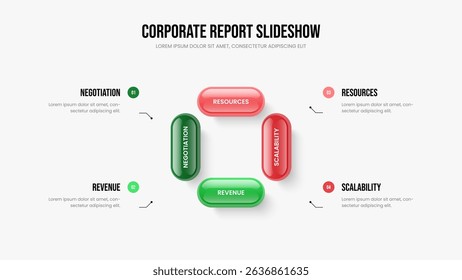 Project Introduction 4 Step Infographic Slideshow Template. Company Proposal Frame Design Vector Illustration. Enterprise Strategy Four Element Diagram Slide Layout.
