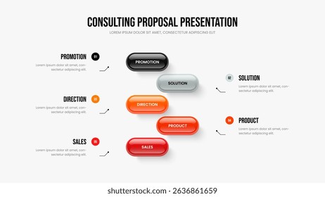 Project Introduction 5 Step Diagram Presentation Template. Financial Campaign Slide Design Vector Illustration. Advertising Visualization Five Option Infographic Slideshow Layout.