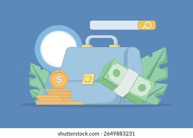project or job search concept. job search bar or project. looking for new job opportunities. search site. magnifying glass, briefcase, books, equipment, and coins. flat illustration.