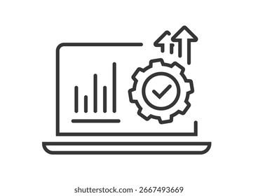Project kpi productivity operation boost online icon on laptop computer screen line stroke outline vector graphic, web product tasks business processes automation to growth sales profit image 