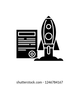 Project launch black icon, vector sign on isolated background. Project launch concept symbol, illustration 