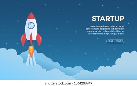 Project launch. Business startup landing page with rocket symbol, starting shuttle in sky banner, future website presentation, creative idea and innovation new original product app flat vector concept