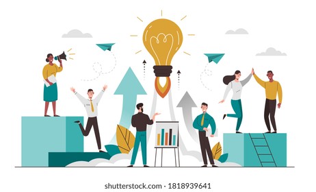 Lanzamiento del proyecto con un equipo de negocios dedicado que realiza marketing de megáfonos, celebración, análisis y desarrollo y una bombilla de cohetes para despegue, ilustración de vector de color