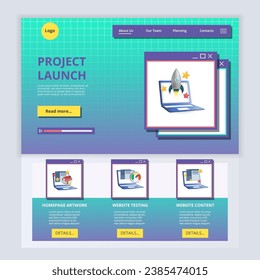 Project launch flat landing page website template. Homepage artwork, website testing, website content. Web banner with header, content and footer. Vector illustration.
