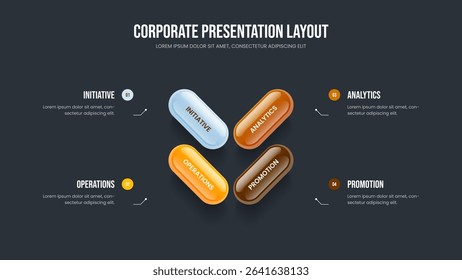 Project Launch Four Step Infographic Frame Layout. Financial Profile 4 Option Diagram Presentation Template. Professional Introduction Slideshow Design Vector Illustration.