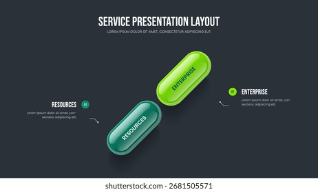 Project Launch Slideshow Template Vector Illustration. Consulting Campaign Two Option Diagram Slide Design. Corporate Development 2 Step Infographic Presentation Layout.