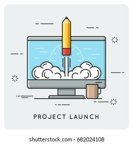 Project launch and start up. Thin line concept. Vector illustration.