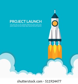 Project launch. Starting space rocket. Business start up concept. Vector illustration in flat style
