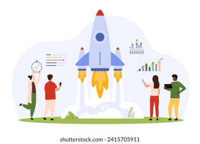 El lanzamiento del proyecto es un éxito, desarrollo de inicio de negocios. Pequeñas personas preparan análisis de datos para comenzar el cohete, impulsar el producto de la empresa con ajustes creativos y una estrategia de ilustración vectorial de dibujos animados