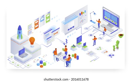 Inicio del proyecto, trabajo en equipo. Innovador inicio de proyecto de negocio, ilustración isométrica vectorial.