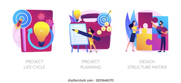 Project life cycle abstract concept vector illustration set. Project planning, design structure matrix, task assignment, business case, business analysis, visual representation abstract metaphor.