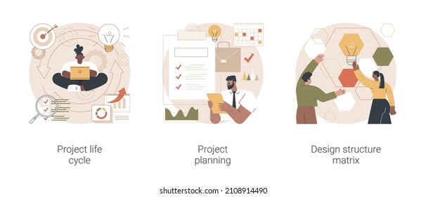 Project life cycle abstract concept vector illustration set. Project planning, design structure matrix, task assignment, business case, business analysis, visual representation abstract metaphor.