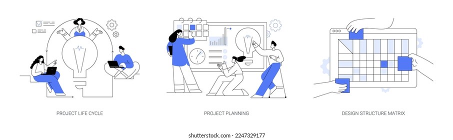 Conjunto de ilustraciones vectoriales del concepto abstracto del ciclo de vida del proyecto. Planificación de proyectos, matriz de estructura de diseño, asignación de tareas, caso comercial, análisis de negocios, metáfora abstracta de representación visual.