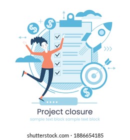 Project life cycle concept. Business analysis. Initiating and closing a project. Terms of implementation of projects. Drawing up documentation. Abstract metaphor. Graphic elements set. flat style.